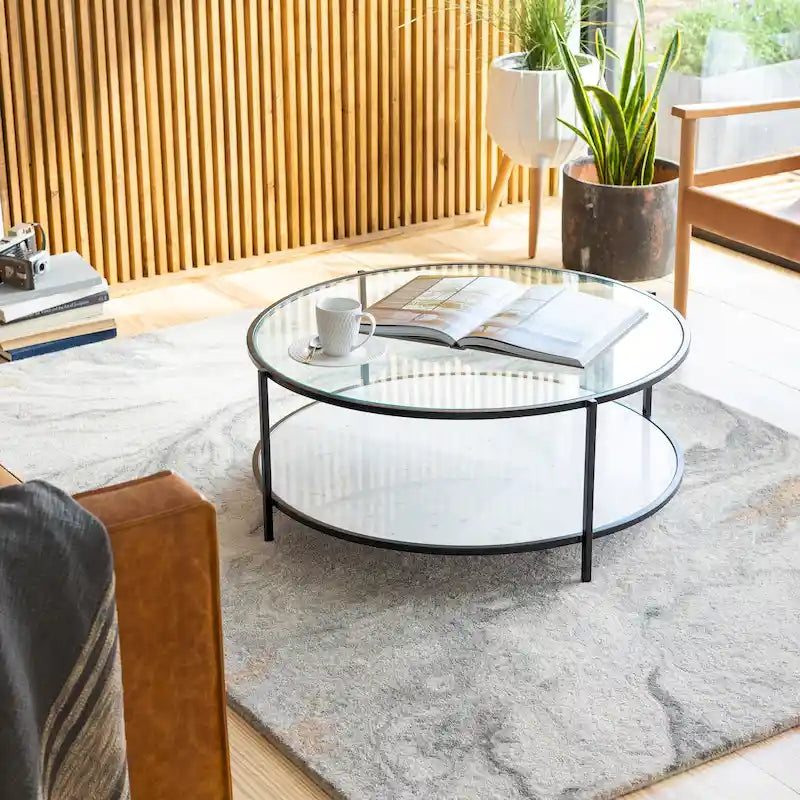 Glass Round Coffee Table 14H x 36W x 36D Two-Tier Metal Frame