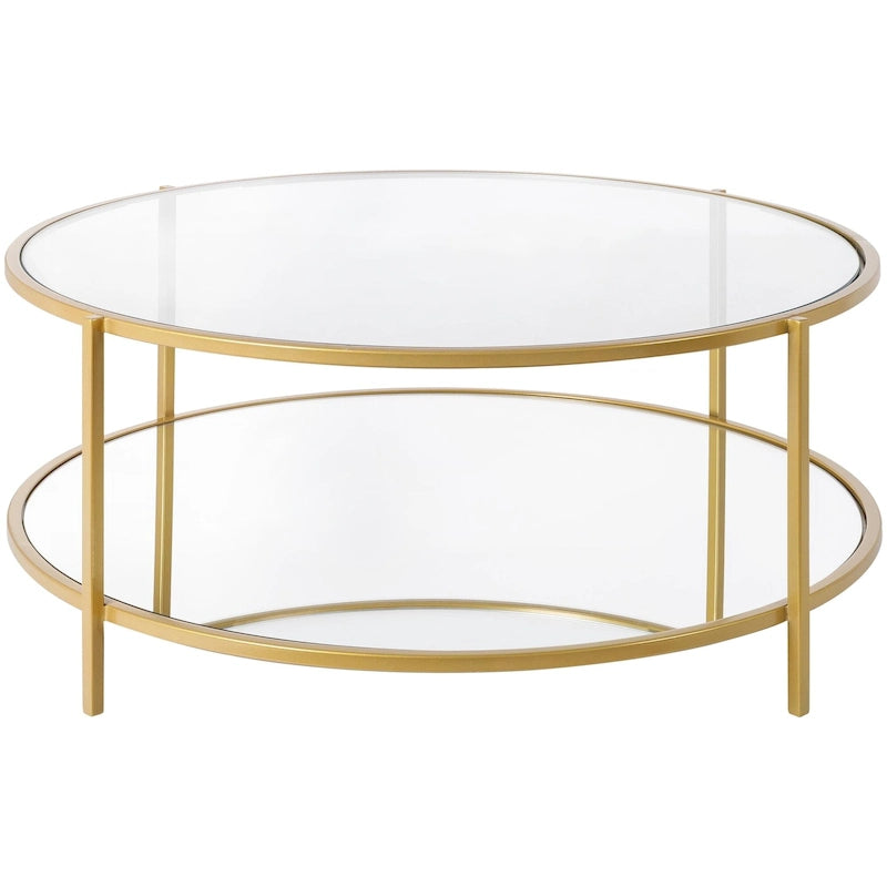 Glass Round Coffee Table 14H x 36W x 36D Two-Tier Metal Frame