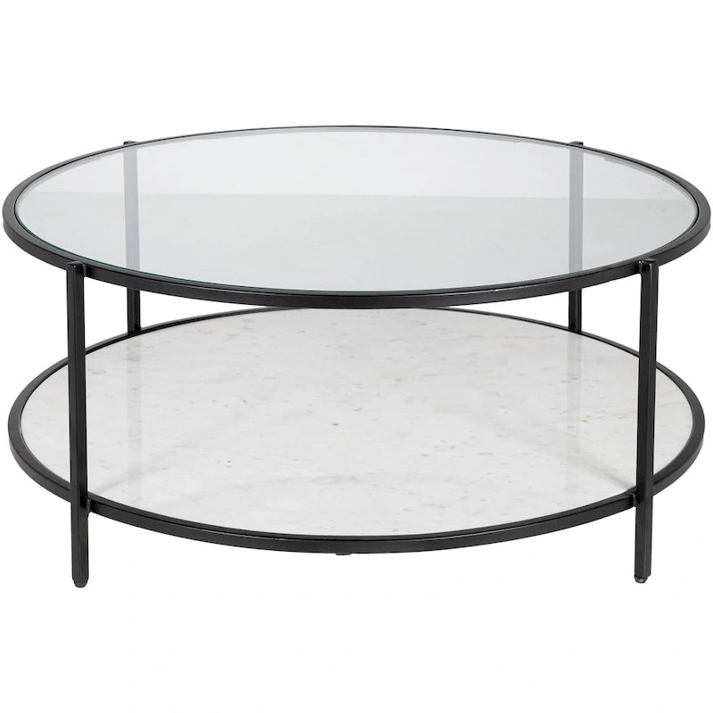 Glass Round Coffee Table 14H x 36W x 36D Two-Tier Metal Frame