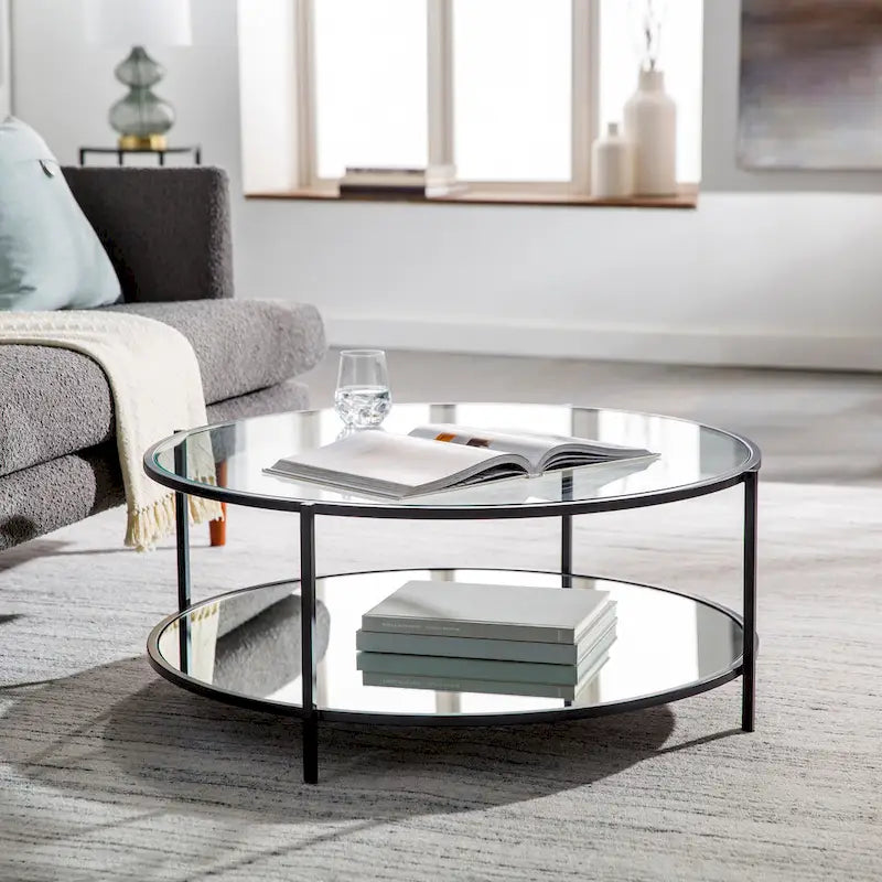 Table basse ronde en verre 35,6 cm (H) x 91,4 cm (l) x 91,4 cm (P) à deux niveaux avec cadre en métal