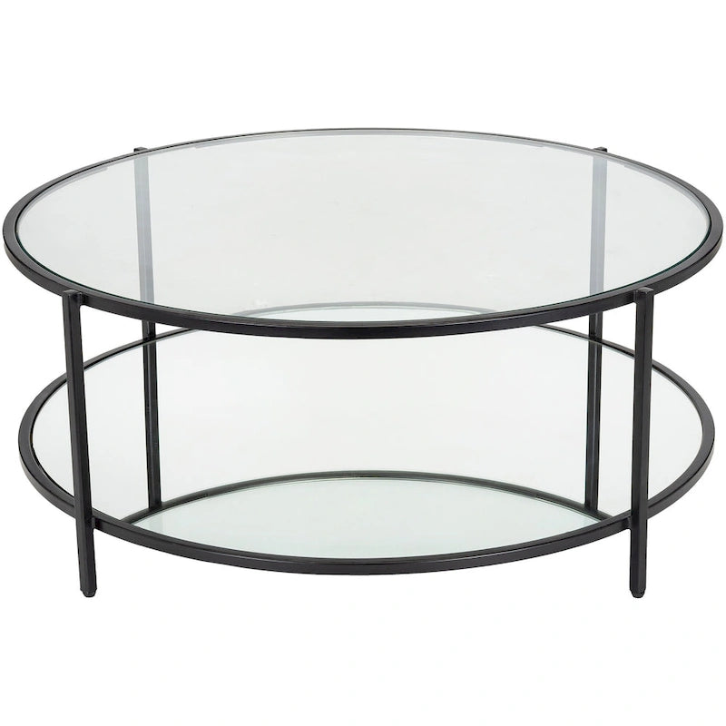 Glass Round Coffee Table 14H x 36W x 36D Two-Tier Metal Frame