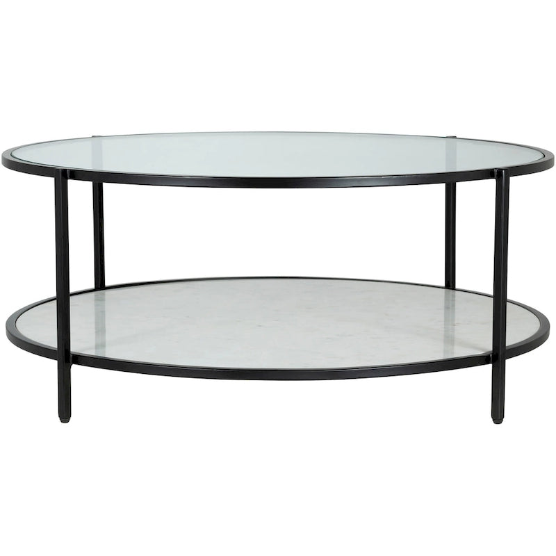 Table basse ronde en verre 35,6 cm (H) x 91,4 cm (l) x 91,4 cm (P) à deux niveaux avec cadre en métal