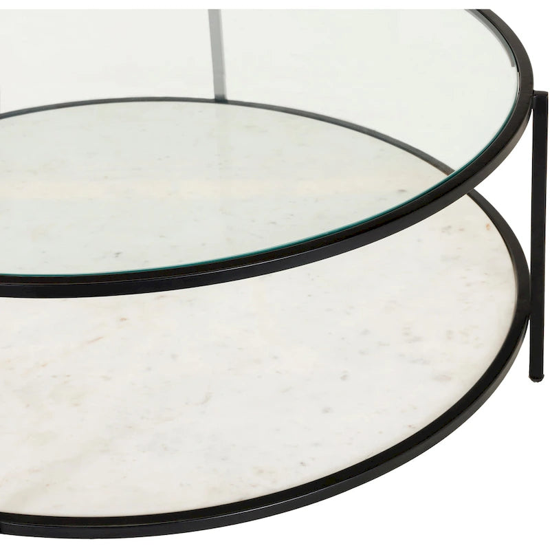 Table basse ronde en verre 35,6 cm (H) x 91,4 cm (l) x 91,4 cm (P) à deux niveaux avec cadre en métal