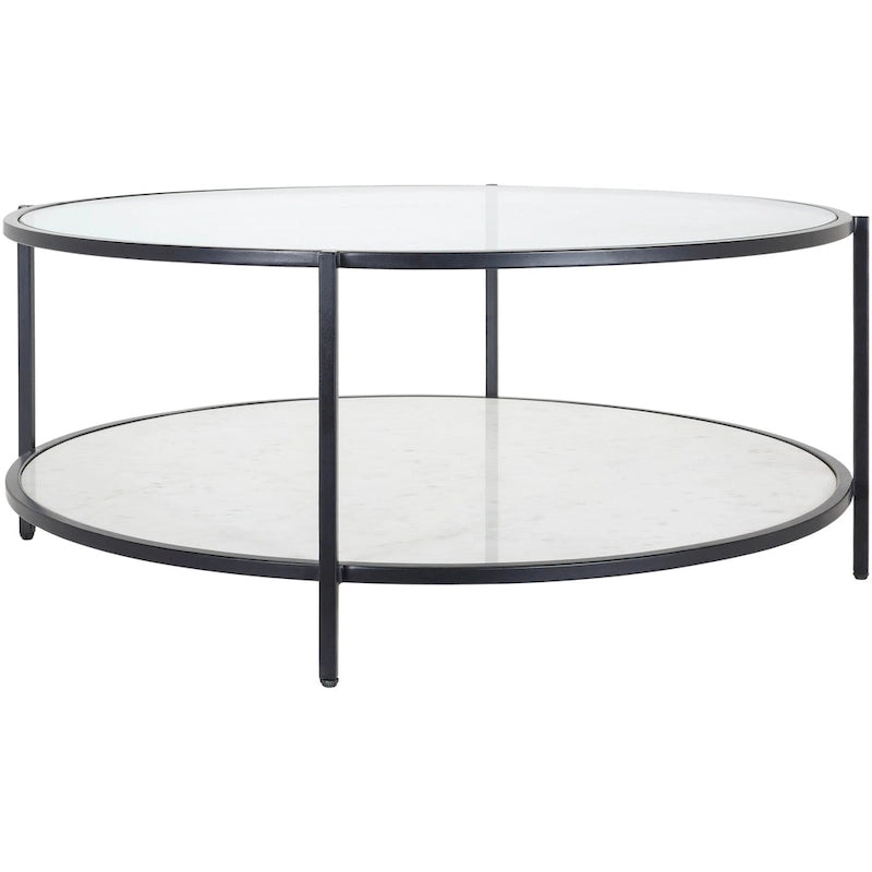 Table basse ronde en verre 35,6 cm (H) x 91,4 cm (l) x 91,4 cm (P) à deux niveaux avec cadre en métal