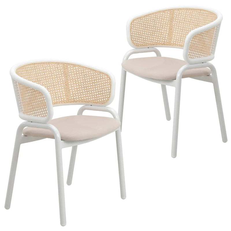 Ervilla Modern Stylish Side Chair with Rattan Back and White Steel Legs for Dining Room & Kitchen, Set of 2