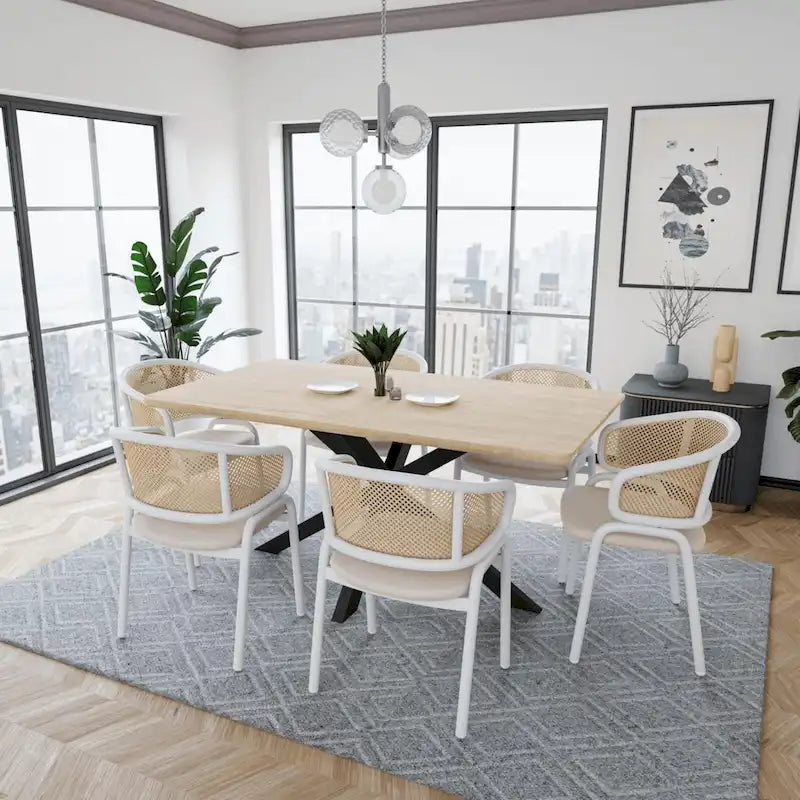 Modern Stylish Dining Arm Chair with Rattan Back and Steel Legs