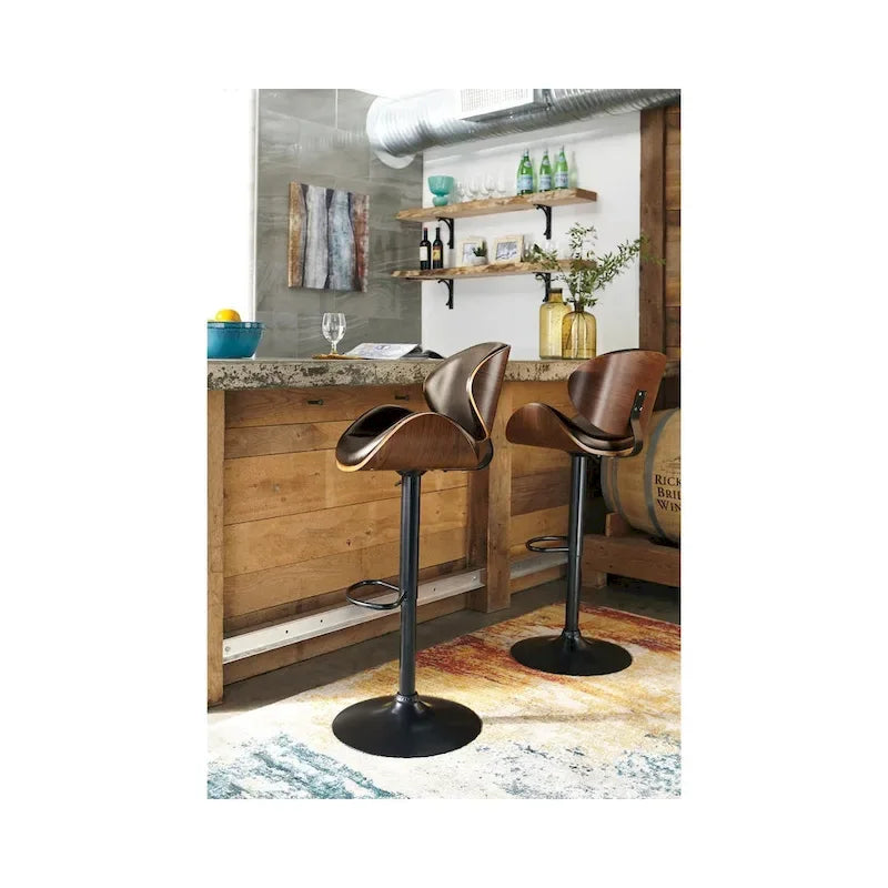 Modern Adjustable Brown and Black Swivel Bar Stool with Faux Leather Seat