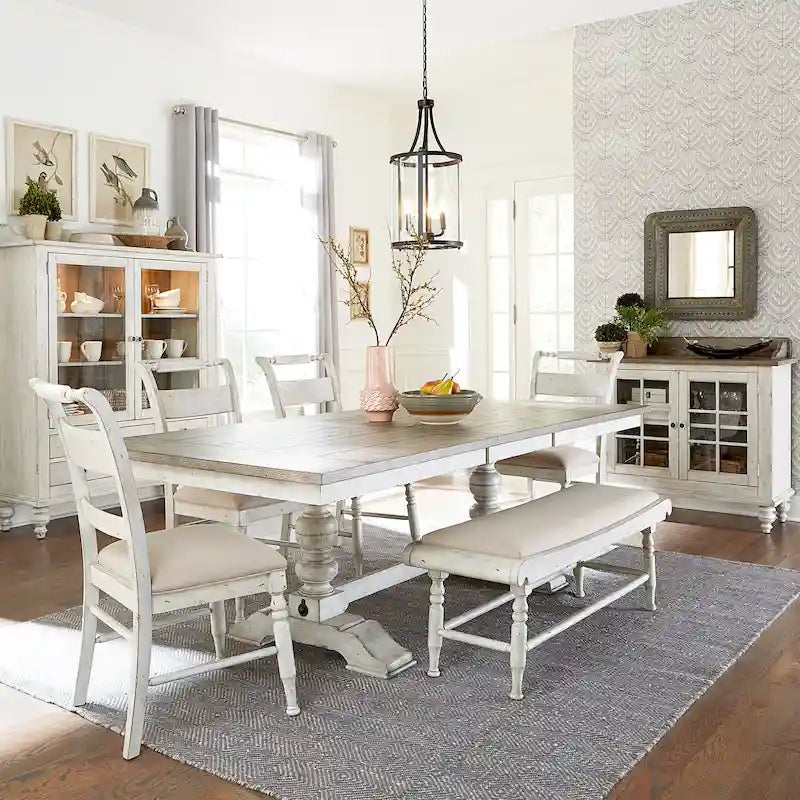 Antique Linen Weathered Gray Trestle Dining Table with Leaf