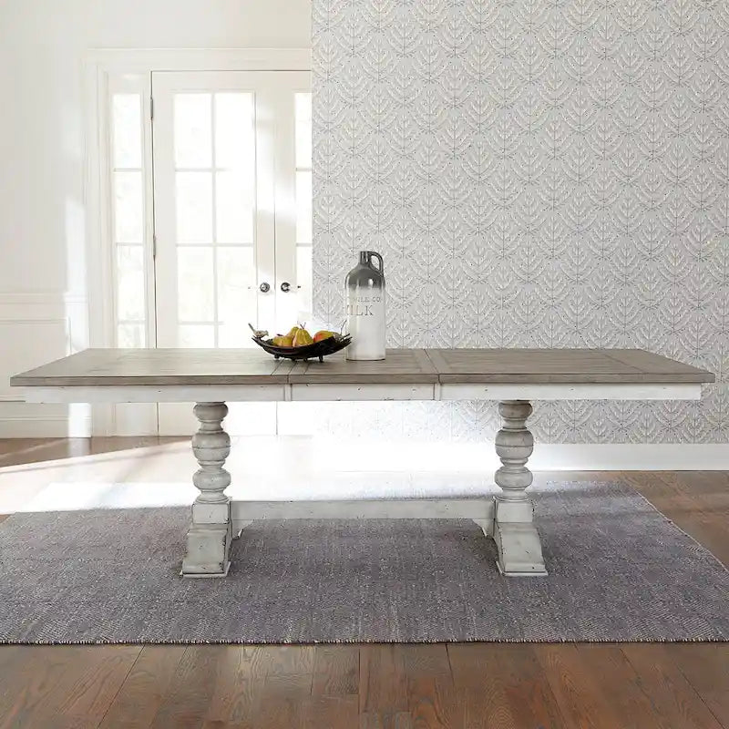 Antique Linen Weathered Gray Trestle Dining Table with Leaf