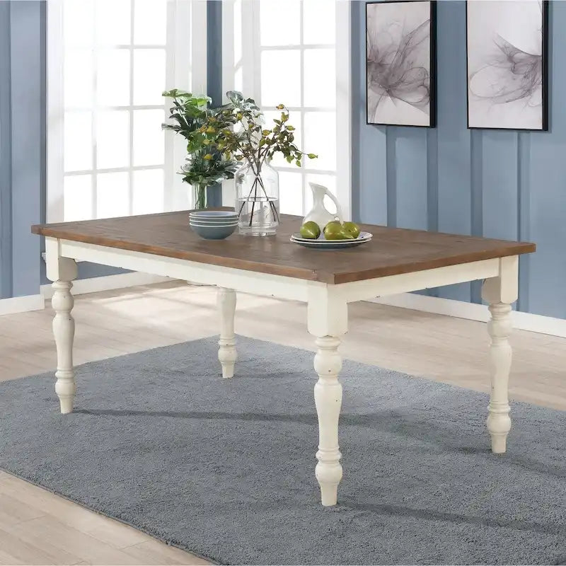 Farmhouse Rectangular Dining Table Antique White Distressed Oak Finish
