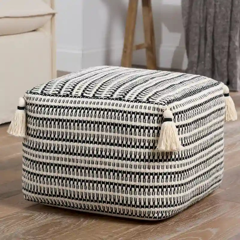Handmade Striped Cream/Black Pouf