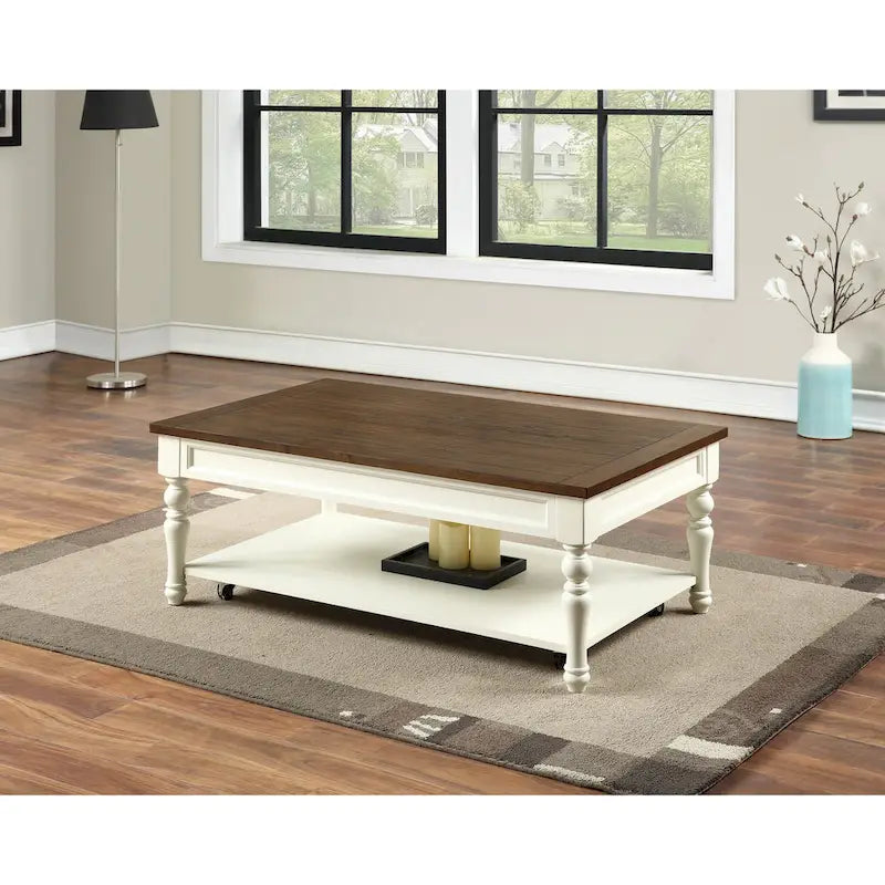 Table basse en bois bicolore ivoire et moka avec étagère inférieure