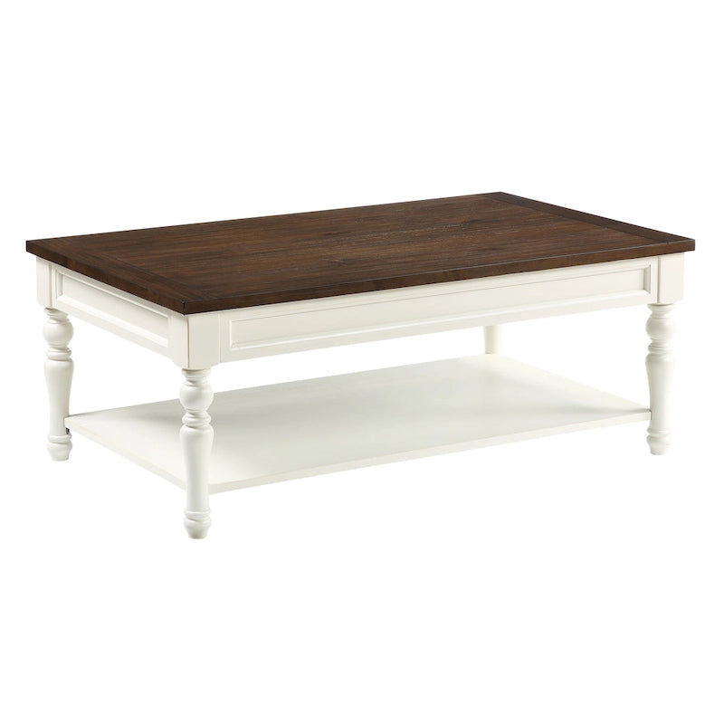 Table basse en bois bicolore ivoire et moka avec étagère inférieure