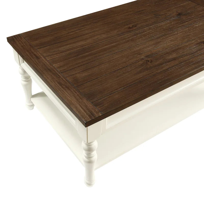 Table basse en bois bicolore ivoire et moka avec étagère inférieure