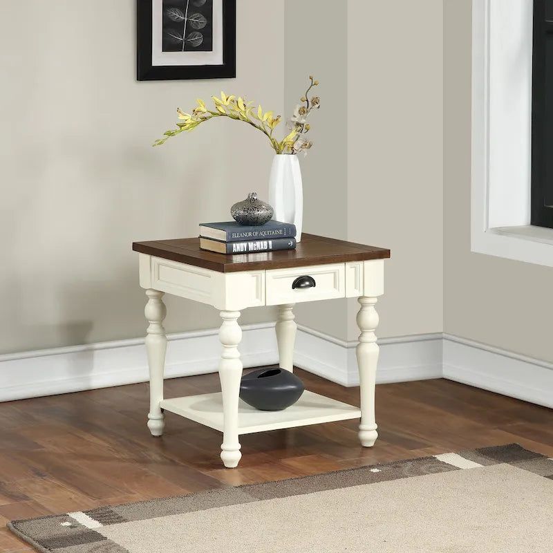 Two-tone Ivory and Mocha Wood Coffee Table with Lower Shelf