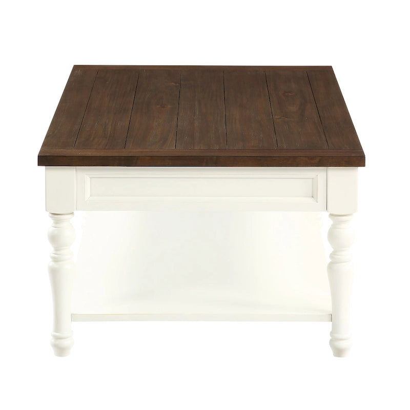 Table basse en bois bicolore ivoire et moka avec étagère inférieure