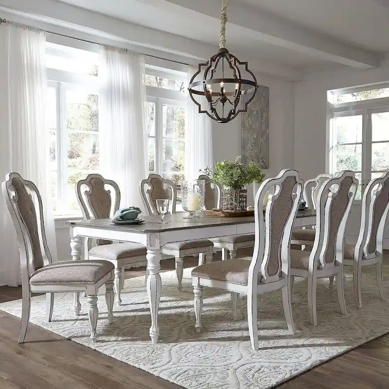Rectangular Leg Dining Table Antique White Weathered Bark Finish
