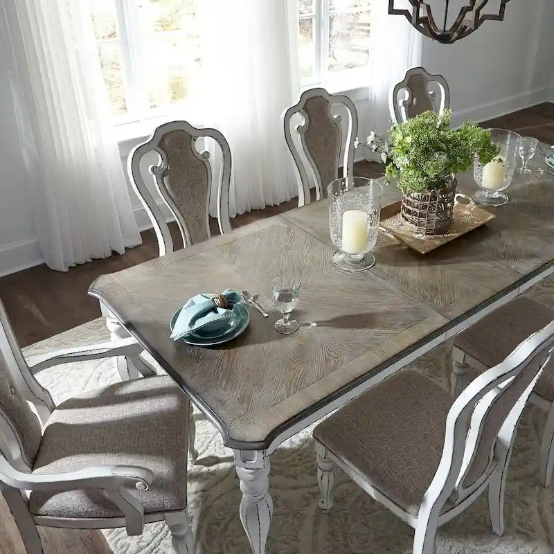 Rectangular Leg Dining Table Antique White Weathered Bark Finish