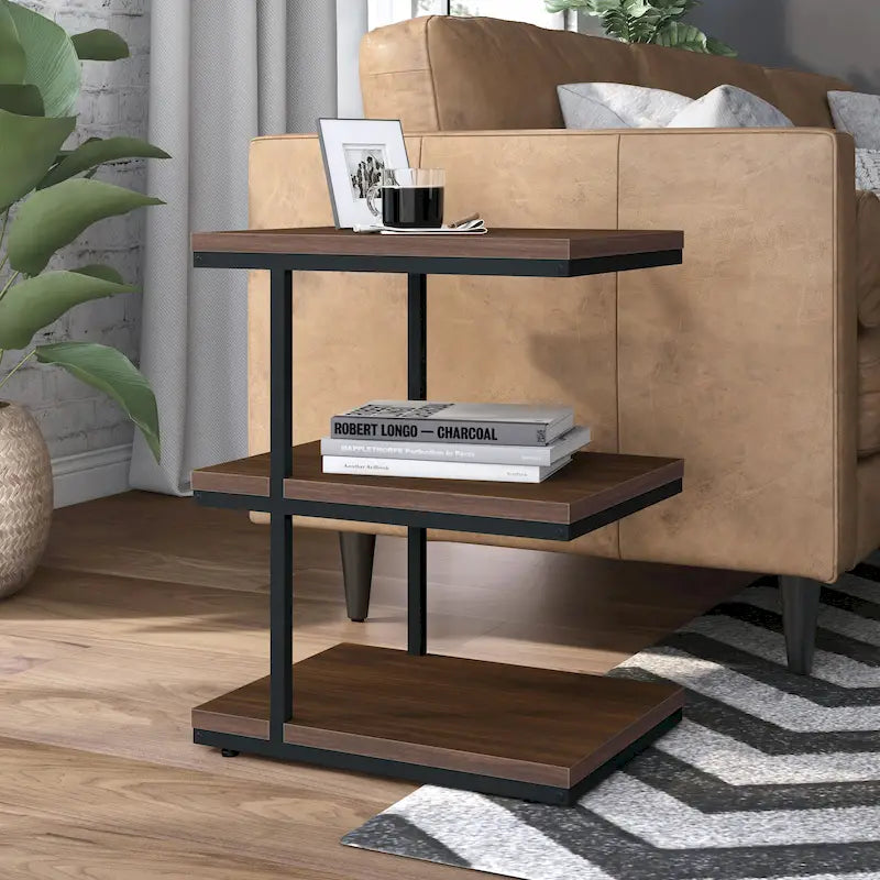 Contemporary 2-Shelf Side Table with Steel Frame and Wood Shelves