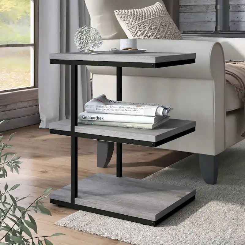 Contemporary 2-Shelf Side Table with Steel Frame and Wood Shelves