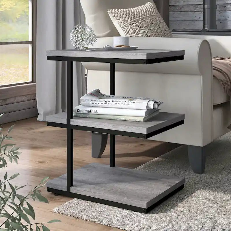 Contemporary 2-Shelf Side Table with Steel Frame and Wood Shelves
