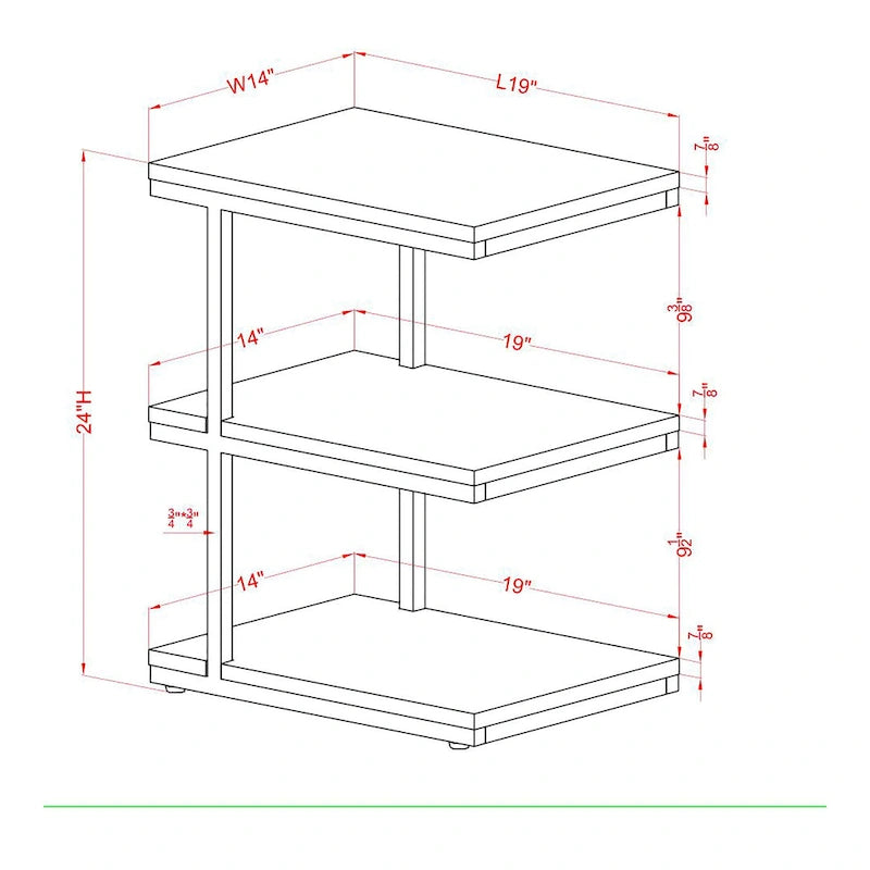 Table d'appoint contemporaine à 2 étagères avec cadre en acier et étagères en bois
