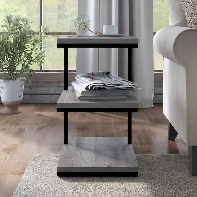 Table d'appoint contemporaine à 2 étagères avec cadre en acier et étagères en bois