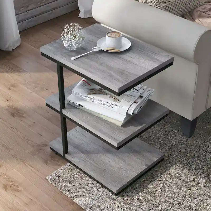 Table d'appoint contemporaine à 2 étagères avec cadre en acier et étagères en bois