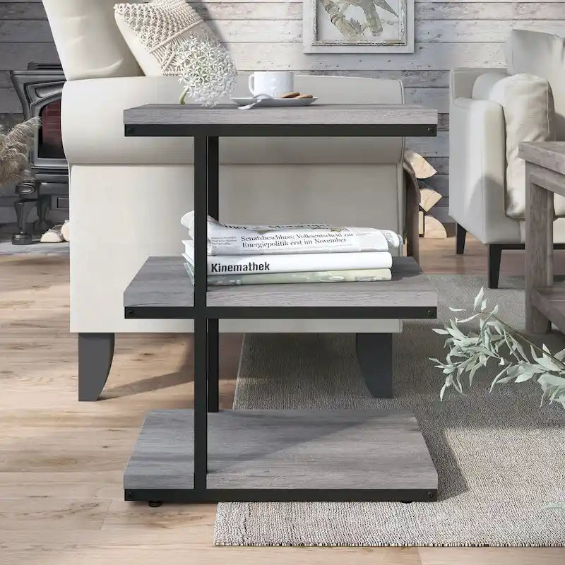 Table d'appoint contemporaine à 2 étagères avec cadre en acier et étagères en bois