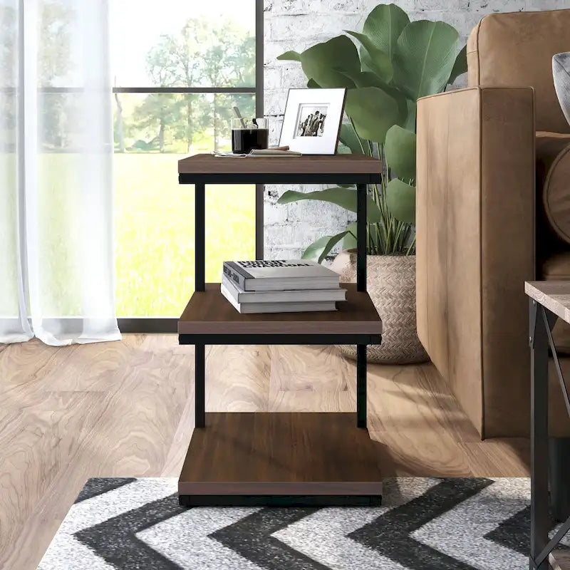 Table d'appoint contemporaine à 2 étagères avec cadre en acier et étagères en bois