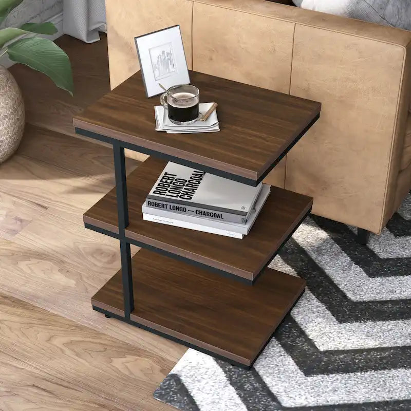 Table d'appoint contemporaine à 2 étagères avec cadre en acier et étagères en bois