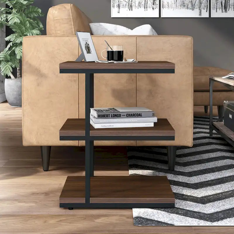 Table d'appoint contemporaine à 2 étagères avec cadre en acier et étagères en bois
