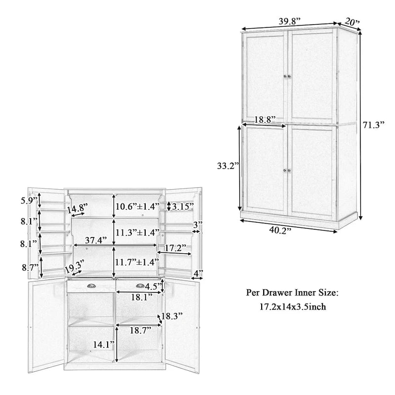 40.2x20x71.3 High Freestanding Kitchen Pantry Large Cupboard Storage Cabinet with 2 Drawers 2 Adjustable Shelves 8 Door Shelves