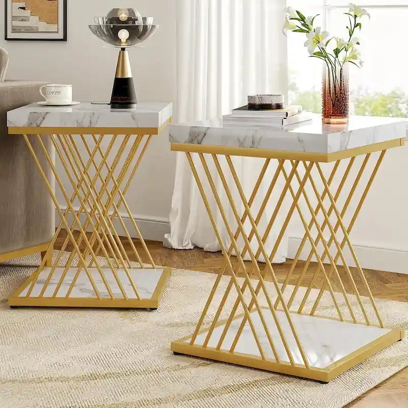 Table d'appoint carrée moderne or blanc avec étagère de rangement