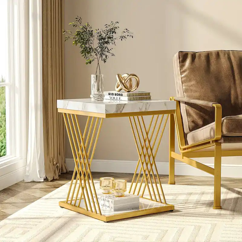 Table d'appoint carrée moderne or blanc avec étagère de rangement