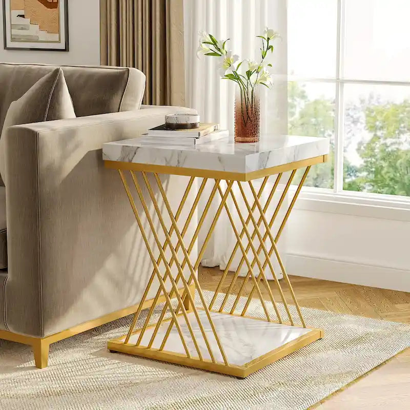 Table d'appoint carrée moderne or blanc avec étagère de rangement