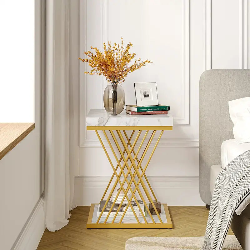 Table d'appoint carrée moderne or blanc avec étagère de rangement