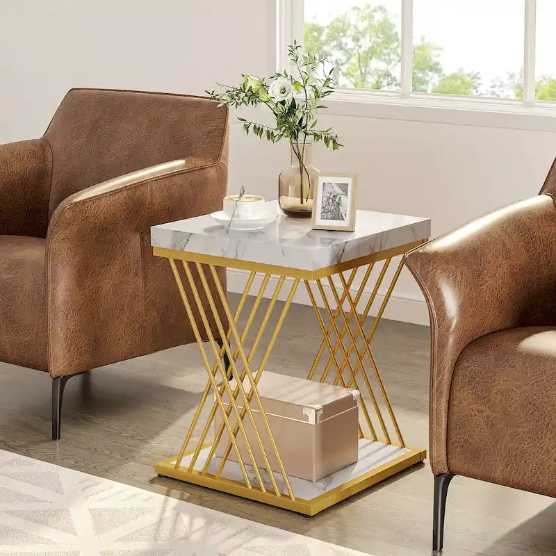 Table d'appoint carrée moderne or blanc avec étagère de rangement