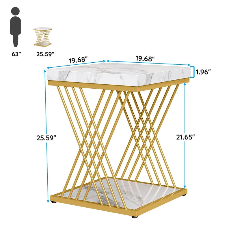 Table d'appoint carrée moderne or blanc avec étagère de rangement