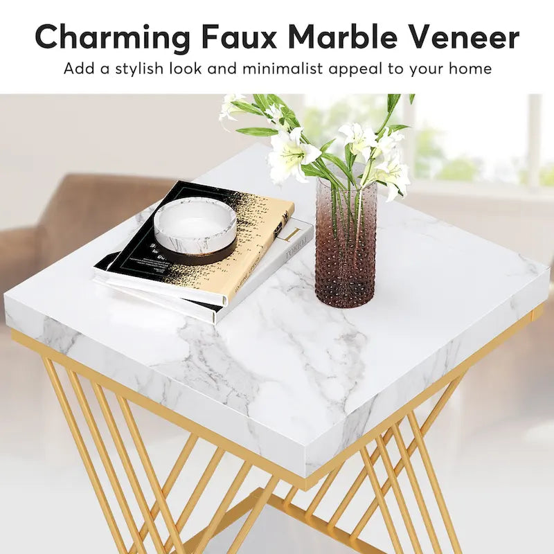 Table d'appoint carrée moderne or blanc avec étagère de rangement