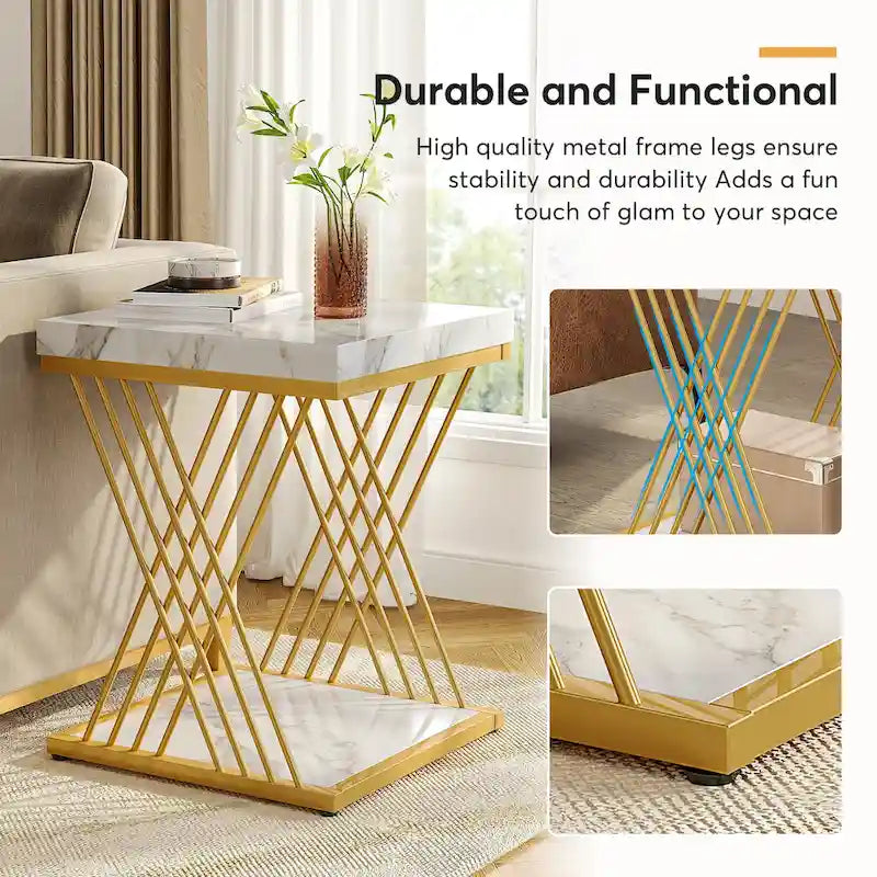 Table d'appoint carrée moderne or blanc avec étagère de rangement