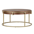 Table basse ronde avec plateau géométrique en placage de noyer et base en métal doré