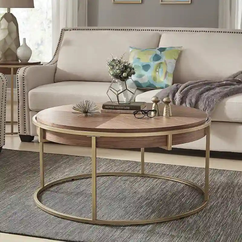 Round Coffee Table with Geometric Walnut Veneer Top and Gold Metal Base