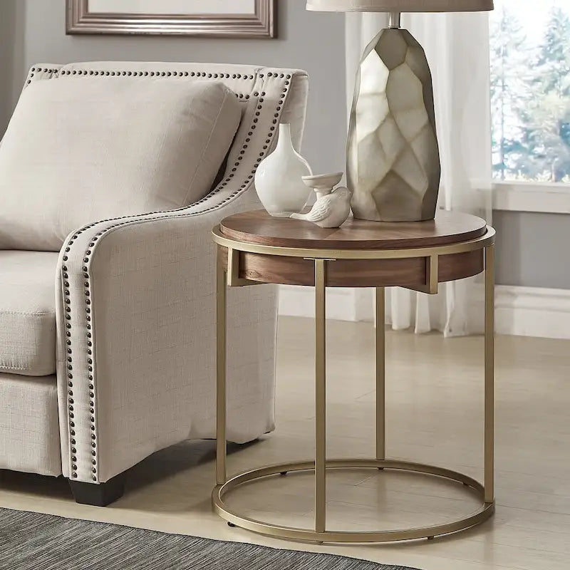 Round Coffee Table with Geometric Walnut Veneer Top and Gold Metal Base