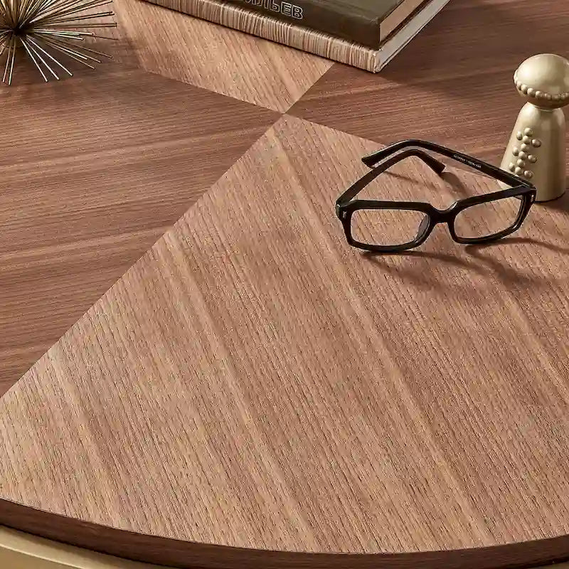 Round Coffee Table with Geometric Walnut Veneer Top and Gold Metal Base