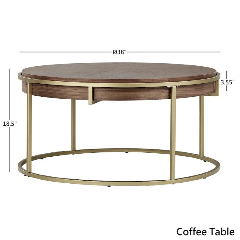 Round Coffee Table with Geometric Walnut Veneer Top and Gold Metal Base