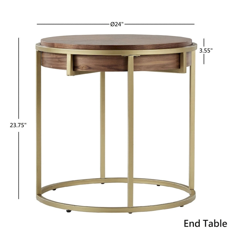 Table basse ronde avec plateau géométrique en placage de noyer et base en métal doré