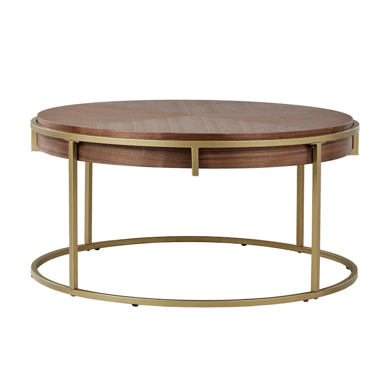 Table basse ronde avec plateau géométrique en placage de noyer et base en métal doré