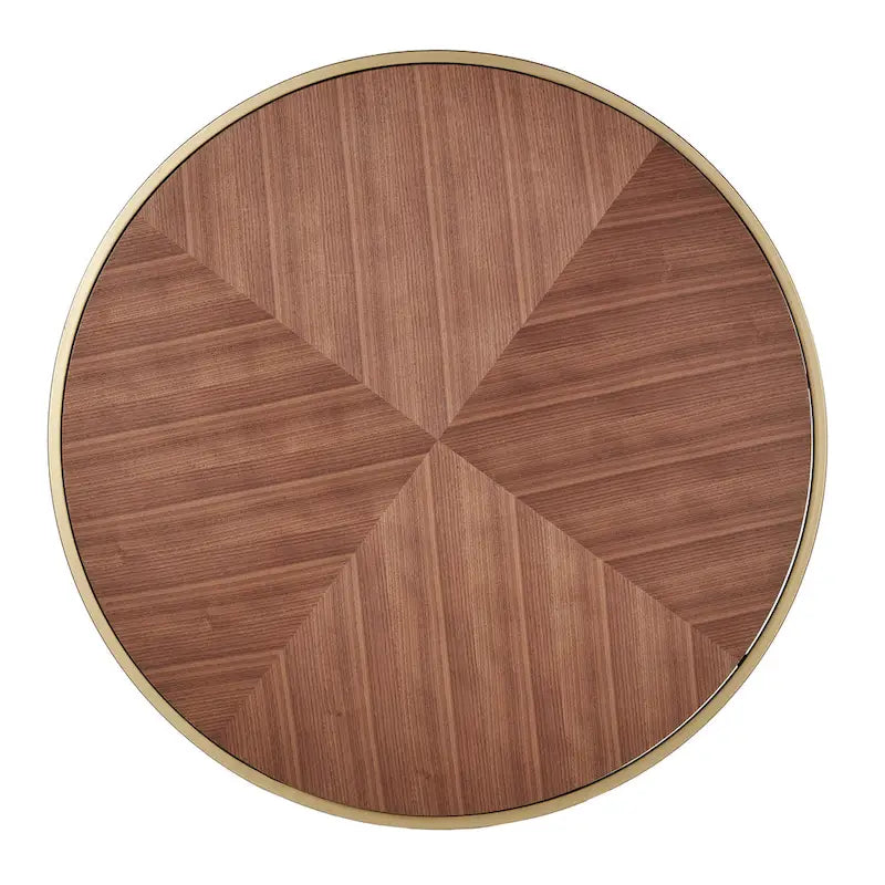 Table basse ronde avec plateau géométrique en placage de noyer et base en métal doré