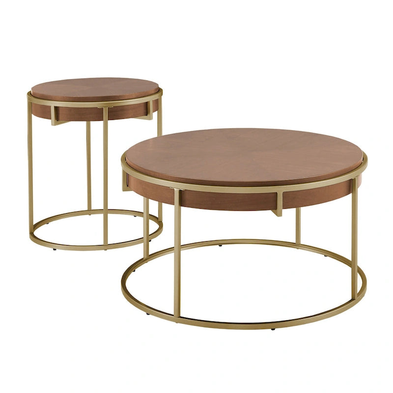 Table basse ronde avec plateau géométrique en placage de noyer et base en métal doré